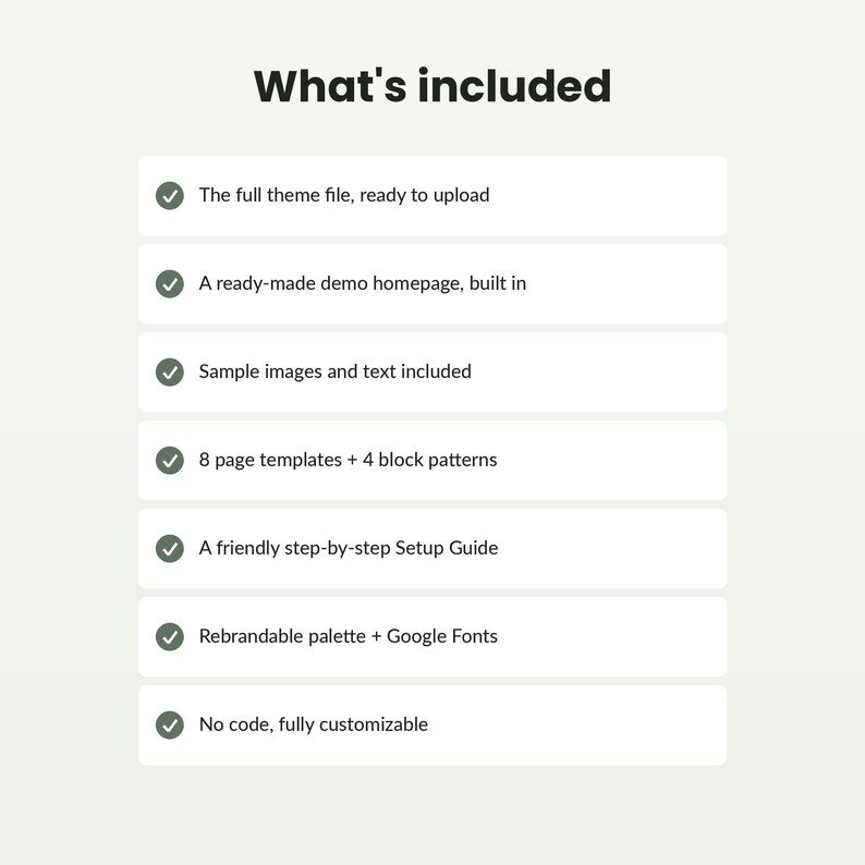 Puede incluir: Un gr&aacute;fico informativo titulado What's included, que enumera siete caracter&iacute;sticas con marcas de verificaci&oacute;n: archivo de tema completo, p&aacute;gina de inicio de demostraci&oacute;n, im&aacute;genes y texto, 8 plantillas de p&aacute;gina, 4 patrones de bloque, gu&iacute;a y fuentes.