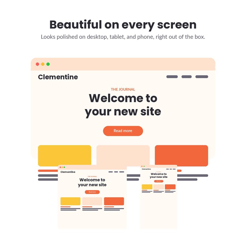 Może przedstawiać: Cyfrowa makieta interfejsu przedstawiająca układ strony internetowej zatytułowany Clementine z tekstem Beautiful on every screen. Projekt zawiera duży nagł&oacute;wek, wiadomość powitalną, przycisk oraz trzy kolorowe prostokątne bloki treści.