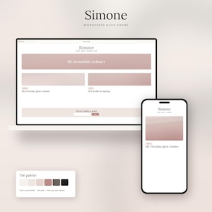 May include: A digital display of the Simone WordPress blog theme featuring a desktop monitor and a smartphone screen. The layout uses a soft mauve and white color palette with text elements including 'life, beautifully ordinary' and 'The palette'.