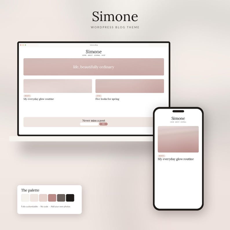 May include: A digital display of the Simone WordPress blog theme featuring a desktop monitor and a smartphone screen. The layout uses a soft mauve and white color palette with text elements including 'life, beautifully ordinary' and 'The palette'.