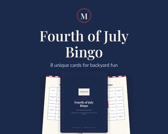 Bingo imprimible del 4 de julio, juego para fiestas del Día de la Independencia, tarjetas de bingo del 4 de julio para la familia y los niños, 8 tarjetas, descarga instantánea.