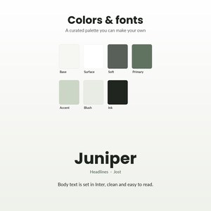 Puede incluir: Una gu&iacute;a de dise&ntilde;o titulada Colors & fonts con una paleta de siete muestras de color etiquetadas como Base, Surface, Soft, Primary, Accent, Blush e Ink. Debajo, el texto Juniper se muestra con Headlines Jost y Body text is set in Inter.