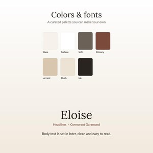 May include: A color palette guide titled Colors & fonts with seven color swatches labeled Base, Surface, Soft, Primary, Accent, Blush, and Ink. Below, the text Eloise is displayed with Headlines in Cormorant Garamond and Body text in Inter.