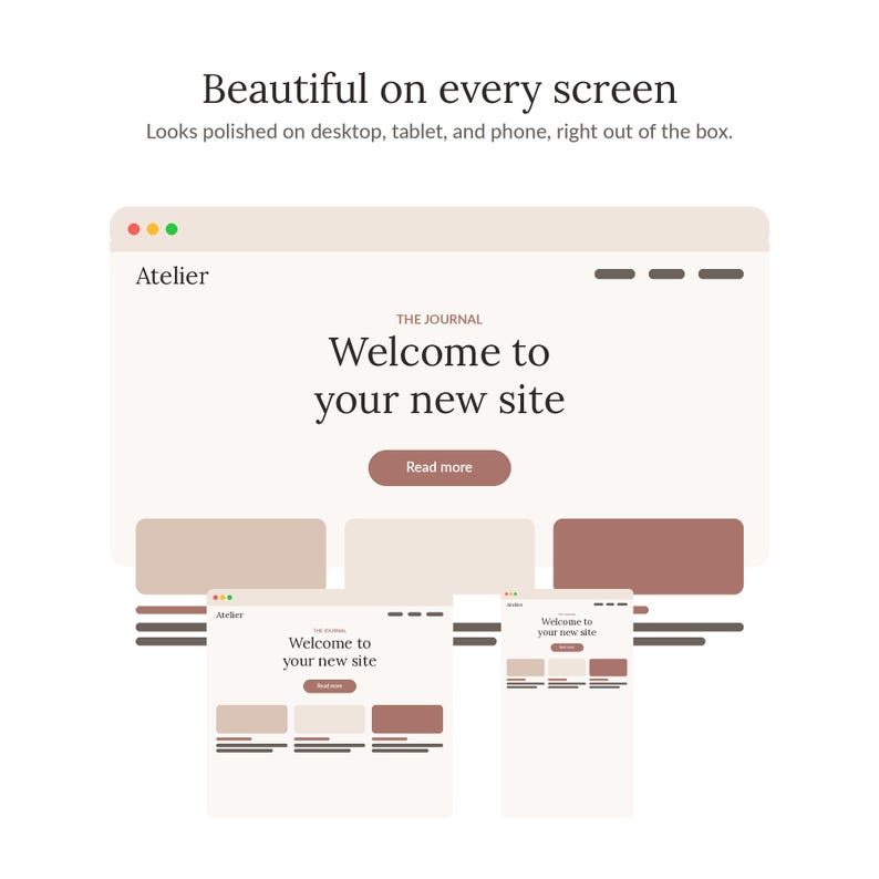 Puede incluir: Un gr&aacute;fico digital que muestra el dise&ntilde;o de un sitio web en tres tama&ntilde;os de pantalla diferentes. El texto dice Beautiful on every screen, Looks polished on desktop, tablet, and phone, right out of the box, Atelier, The Journal, Welcome to your new site, Read more.