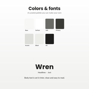 Puede incluir: Una gu&iacute;a de paleta de colores titulada Colors & fonts con siete muestras etiquetadas: Base, Surface, Soft, Primary, Accent, Blush e Ink. Debajo, el texto Wren se muestra con la etiqueta Headlines &middot; Jost, seguido de Body text is set in Inter.