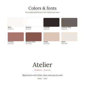 Puede incluir: Una gu&iacute;a de colores y fuentes titulada Colors & fonts con una paleta de ocho muestras etiquetadas como Base #FAF7F4, Surface #FFFFFF, Contrast #2E2926, Contrast Soft #6B625C, Primary #A9756B, Primary Dark #87564D, Taupe #D9C4B6 y Linen #EFE5DD.