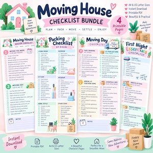 Może przedstawiać: Zestaw list kontrolnych do przeprowadzki zawierający cztery strony do druku z pastelowymi ilustracjami domów, roślin i pudełek. Tekst obejmuje Moving House Master Checklist, Packing Checklist, Moving Day Checklist oraz First Night Essentials.