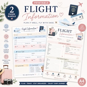 Puede incluir: Un paquete de información de vuelo imprimible con dos páginas de planificador de viajes tamaño A4, que incluyen secciones para detalles de vuelos de ida y vuelta, listas de verificación y notas, decoradas con iconos de aviones, equipaje y pasaportes.