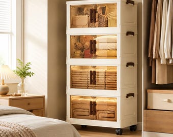 Foldable Storage Cabinet | Clear Door Organizer | Rolling Storage Box
