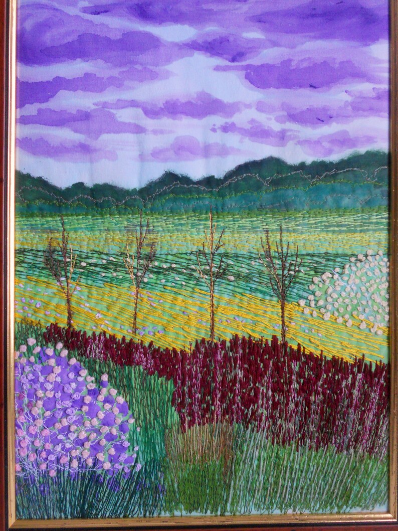 Fiber Art Embroidered landscape Wall hanging framed textile painting