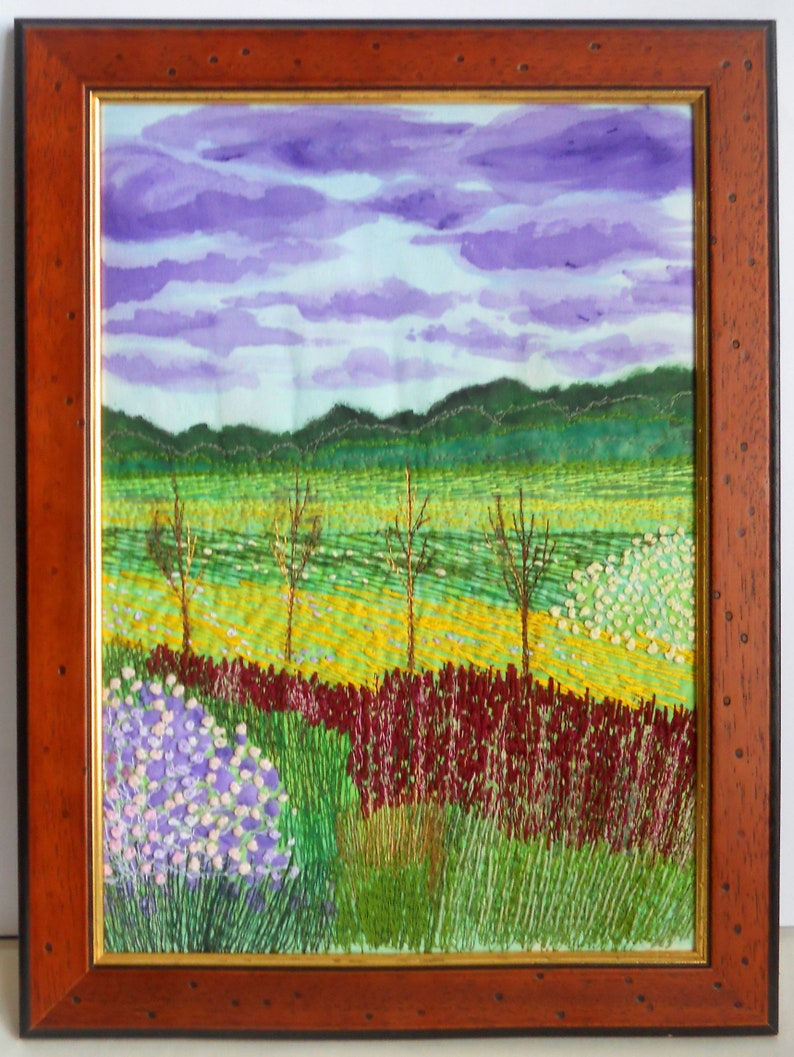 Fiber Art Embroidered landscape Wall hanging framed textile painting