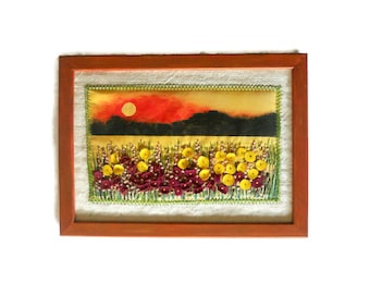 Fiber Art Wall hanging Framed textile small format Embroidery painting