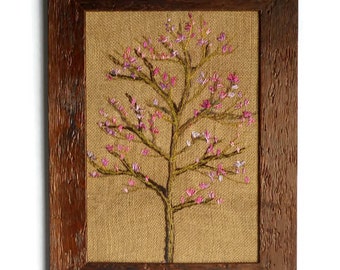 Framed embroidery Magnolia tree  Wall hanging textile Art Embroidery painting