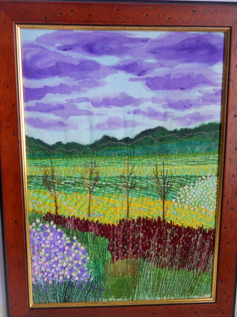 Fiber Art Embroidered landscape Wall hanging framed textile painting