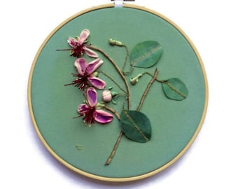 Hoop Art Embroidery ribbon flowers Wall hanging framed textiles painting