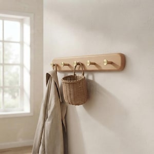 Wood and Brass Knob Coat Rack, Wall Mounted Peg Rail, Entryway Hook Board