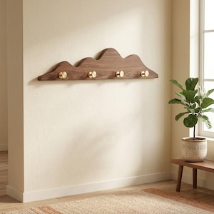 Mountain Shape Wood Wall Hook Rack, Kids Room Nursery Decor, Wooden Coat Hanger with Brass Knobs
