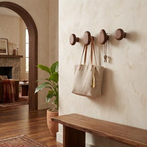 Solid Wood Round Knob Wall Hook, Oak Walnut, Handmade Entryway Hallway Storage