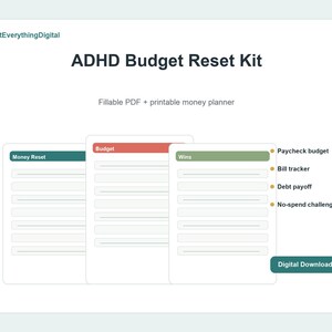 Könnte beinhalten: ADHD Budget Reset Kit als digitaler Download mit ausfüllbarem PDF und druckbarem Finanzplaner. Enthält Vorlagen für Money Reset, Budget und Wins sowie Listen für Paycheck budget, Bill tracker, Debt payoff und No-spend challenge.