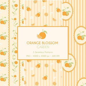 Pode incluir: Três padrões digitais sem costura com flores de laranjeira e frutas em tons de laranja, creme e verde. O texto central diz ORANGE BLOSSOM GARDEN, 3 Seamless Patterns, PNG - 4000 x 4000 px - 300 DPI. Os designs incluem listras verticais, vinhas florais e molduras ovais.