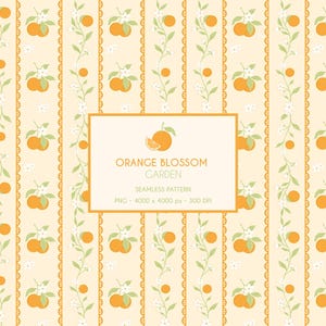 Puede incluir: Un patrón continuo con rayas verticales de naranjas y flores blancas sobre un fondo crema claro. Un recuadro central contiene un icono de naranja y el texto ORANGE BLOSSOM GARDEN SEAMLESS PATTERN PNG 4000 x 4000 px 300 DPI.