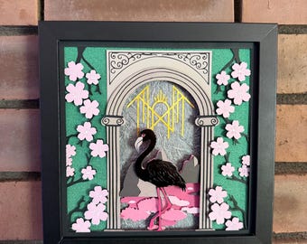 Schwarzer Flamingo | Jerry | Schattenbox-Papierkunst | 8x8 gerahmt