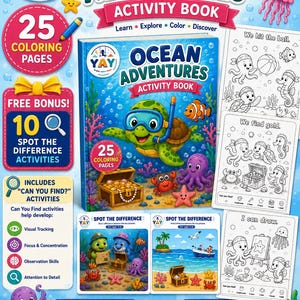 Könnte beinhalten: Ocean Adventures Aktivitätsbuch für Kinder von 3-6 Jahren mit einer grünen Schildkröte mit Schnorchel auf dem Cover. Enthält 25 Ausmalbilder, Suchspiele und Suchbilder. Das Buch ist als druckbare PDF im A4-Format erhältlich.