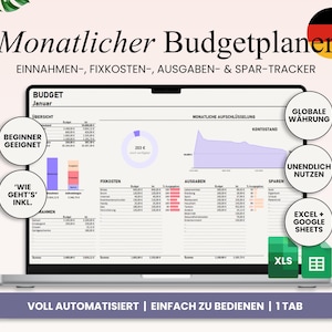 Einfacher Budget Planer für Anfänger Deutsch, Monatsbudget Tabelle Excel & Google Sheets, Haushaltsbuch, Einnahmen, Ausgaben, Spar-Tracker