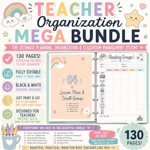 May include: A Teacher Organization Mega Bundle digital planner set featuring 130 pages of editable classroom management templates. The open binder displays a lesson plan cover page and a reading groups chart with pastel rainbow and star graphics.