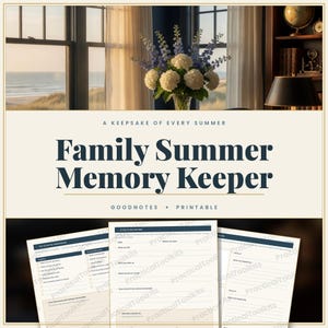 Puede incluir: Un planificador Family Summer Memory Keeper digital e imprimible con tres páginas blancas, texto y encabezados en azul oscuro. Las páginas incluyen secciones para aventuras de verano, registros diarios y recuerdos, con flores.