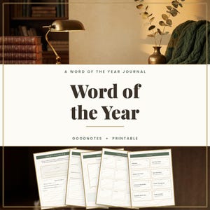 Op de afbeelding: Een digitaal dagboek getiteld Word of the Year Journal met de tekst Goodnotes + Printable. De omslag bevat de woorden Word of the Year in een groot, donker lettertype. Onder de titel worden vier pagina's van het dagboek getoond met diverse sjablonen.