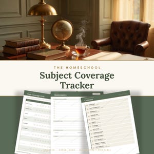 May include: A digital homeschool subject coverage tracker document featuring three pages with green headers and cream backgrounds. The text reads The Homeschool Subject Coverage Tracker, Year Coverage Grid, Mathematics, and Contents with a list of subjects.