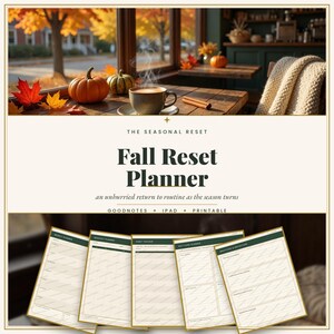 以下が含まれることがあります： The Seasonal Reset Fall Reset Plannerというタイトルのデジタルプランナーで、サブタイトルはan unhurried return to routine as the season turnsです。画像には、週間、月間、習慣トラッカーなどのレイアウトを備えた5つのプランナーページテンプレートが表示されています。
