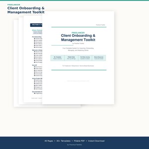 May include: A digital document titled Client Onboarding & Management Toolkit by Practical Toolkits. The white pages feature dark blue text, bulleted lists, and a table highlighting 30+ templates, fillable fields, and a full client journey.