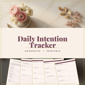 Könnte beinhalten: Ein Daily Intention Tracker Planer-Seitenset mit Goodnotes- und Druckoptionen. Das Design zeigt dunkelvioletten Text auf cremefarbenem Hintergrund, mit einem Strauß aus rosa und weißen Rosen sowie goldenen Blättern im oberen Layoutbereich.