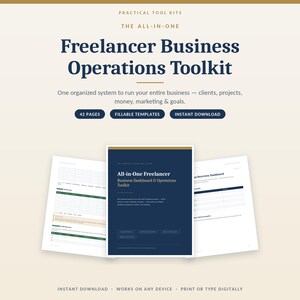 May include: A digital freelancer business operations toolkit featuring a dark blue cover with gold accents and white text. The toolkit includes 42 pages of fillable templates for managing clients, projects, money, marketing, and goals, with an instant download option.