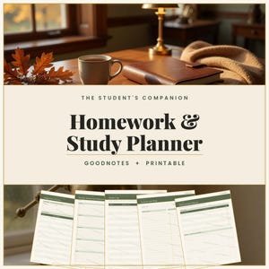 Puede incluir: Un planificador digital e imprimible titulado The Student's Companion Homework & Study Planner. La imagen muestra cinco diseños de página distintos con tablas y columnas para realizar un seguimiento de tareas, calificaciones y horarios.