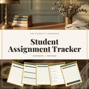 Puede incluir: Un planificador digital de seguimiento de tareas estudiantiles con el texto The Student's Companion, Student Assignment Tracker y Goodnotes + Printable. La imagen muestra cinco diseños de página diferentes con formatos de cuadrícula y lista en verde y blanco.