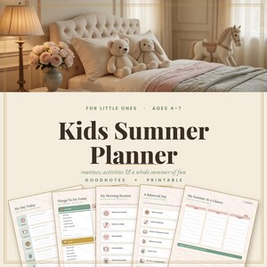 May include: A digital and printable Kids Summer Planner for ages 4-7, featuring five pages with sections titled My Day Today, Things To Do Today, My Morning Routine, A Balanced Day, and My Summer At A Glance, with soft pastel color accents.