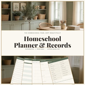 Può includere: Un pianificatore e registro digitale per l'istruzione domiciliare su sfondo color crema con testo marrone scuro. Il titolo recita The Homeschool Year, Kept Beautifully, Homeschool Planner & Records, Goodnotes + Printable, Hyperlinked PDF.