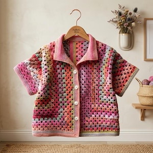 May include: A short-sleeved crochet shirt featuring a vibrant granny square pattern in shades of pink, orange, purple, and green. The garment has a collared neckline, a front button placket with five white buttons, and a solid pink crocheted trim.