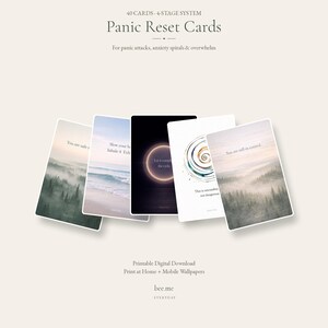 May include: A set of 40 Panic Reset Cards featuring a 4-stage system for anxiety. The cards display various designs including misty forests, ocean waves, a glowing circle, and a spiral graphic with text such as You are safe, Slow your breath, Let it complete the cycle, This is uncomfortable not dangerous, and You are still in control.