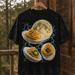 Könnte beinhalten: Ein schwarzes Kurzarm-T-Shirt mit einem Grafikdruck von drei gefüllten Eiern in dreieckiger Anordnung. Das Design zeigt einen großen gelben Vollmond im Hintergrund mit hellblauen Blitzen, die die Eier umgeben.