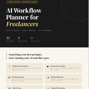 Pode incluir: Um planejador de fluxo de trabalho de IA imprimível edição 2026 para freelancers com design em preto e creme. Inclui seções para planejamento semanal, rastreamento de prompts e gerenciamento de ferramentas, com 52 folhas semanais.