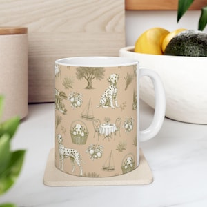 Dalmatian Mug for Dog Moms, Green Toile Coffee Mug, Dalmatian Gift, Dog Lover Gift, Vintage Blue White Ceramic Mug, Dalmatian Mom Cup