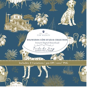 Könnte beinhalten: Ein nahtloses digitales Muster auf blauem Grund mit weißen Illustrationen von Dalmatinern, mediterranen Villen, Zitronenzweigen, Segelbooten und Cafétischen. Text: PAW MAISON DALMATIAN CÔTE D'AZUR COLLECTION Instant Digital Download Toile de Jouy SEAMLESS PNG for FABRIC Includes: 8 Variations | 300 DPI | 30,48x30,48 cm PNG