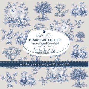 Pomeranian Toile de Jouy Seamless Pattern, Vintage French Dog Fabric Design, Digital Download, Beige Navy Transparent, Dog Gift, 9 Files