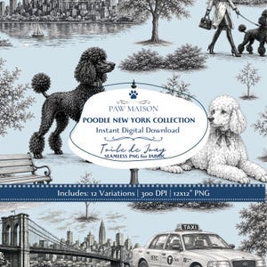 Poodle New York Toile de Jouy Seamless Pattern, Vintage French Dog Fabric Design, Digital Download, Transparent, 3 Scales, 12 Files
