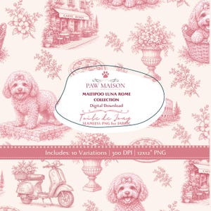 Maltipoo Luna Rome Toile de Jouy Seamless Pattern, Vintage French Dog Fabric Design, Digital Download, Transparent, 3 Scales, 10 PNG Files