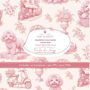 Könnte beinhalten: Ein digitales Muster mit einem rosa-weißen Toile-de-Jouy-Design mit Maltipoo-Hunden, Rollern, Blumenvasen und römischen Cafészenen. Der Text lautet: PAW MAISON, MALTIPOO LUNA ROME COLLECTION, Instant Digital Download, Toile de Jouy, 10 Variations.